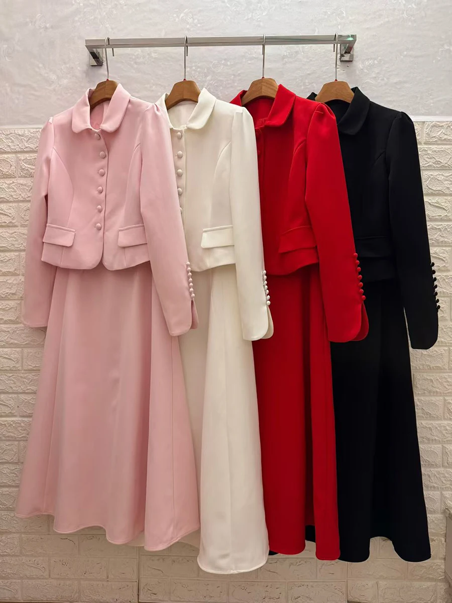 TWOTWINSTYL 여성용 우아한 투피스 세트, 라펠 긴 소매 스플라이스 버튼 코트, 하이웨이스트 롱 스커트 세트 여성 의류