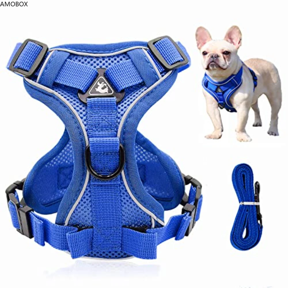 AMOBOX-Front Clip Dog Vest, Pull Dog Harness Set,Soft Mesh, Reflective, Breathable, Adjustable, Training for Small Dog, Big Cat