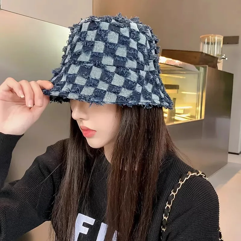 New Korean Style Denim Blue Plaid Bucket Hat For Women Summer Outdoor Luxury Designer Hat SunShade Checked Cap Party Gift