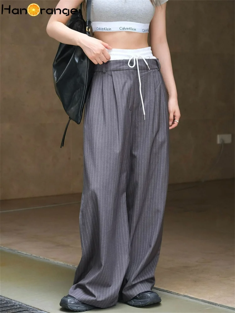 HanOrange 2024 Autumn Casual Fashion Waist Splicing Striped Pants Women Loose Wide Leg Drop Feel Trousers Gray