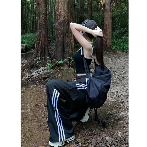 Imagen 2 del producto Pantalones Cargo holgados informales a rayas para mujer, pantalones para correr de cintura baja, pantalones holgados de pierna ancha con cordón, ropa de calle Y2K, pantalones de chándal