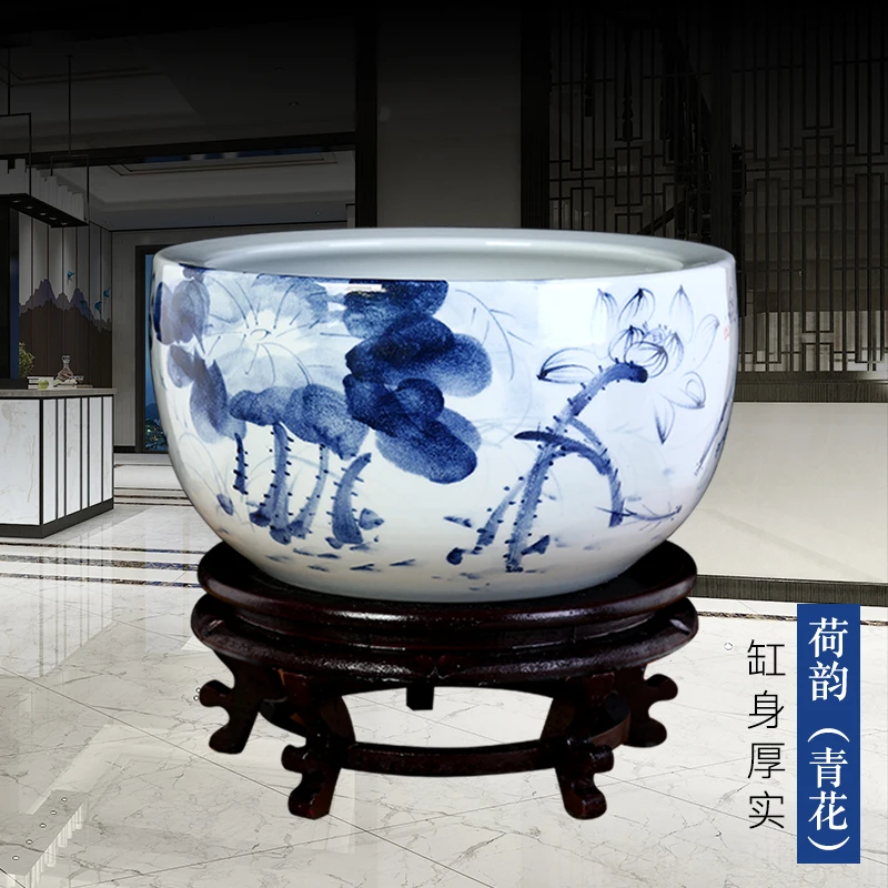 Jingdezhen ceramic fish tank turtle tank household living room blue and white porcelain extra large lotus water lily tank