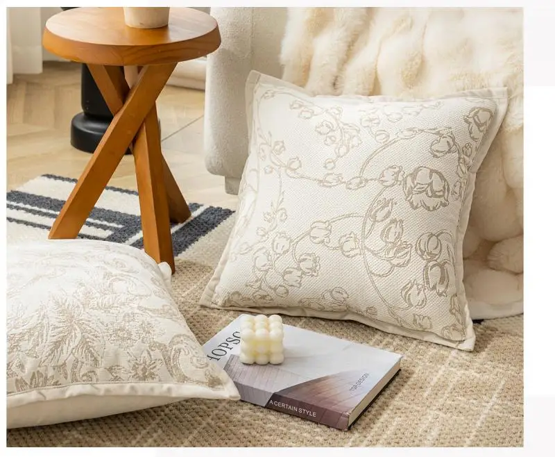 Französischer Blumen-Jacquard-Kissenbezug, Cojines Dutch Velvet Beige Decor Sofa, quadratischer Kissenbezug, Kopfteil-Kissenbezüge – Detail 8