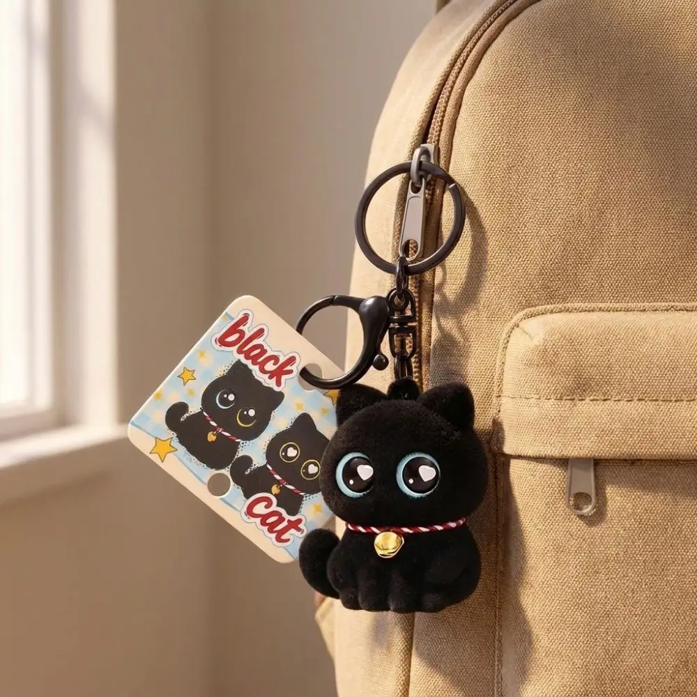 Funny Cartoon Animals Flocking Black Cat Keychain Small with Bell Collar Cat Bag Charm Cool Cat Key Ring Festival