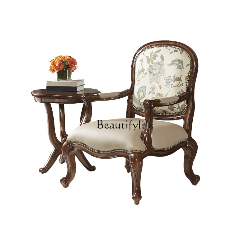 

American-style Small Apartment Bedroom Sofa Chair Solid Wood Genuine Leather Tiger Chair Living Room