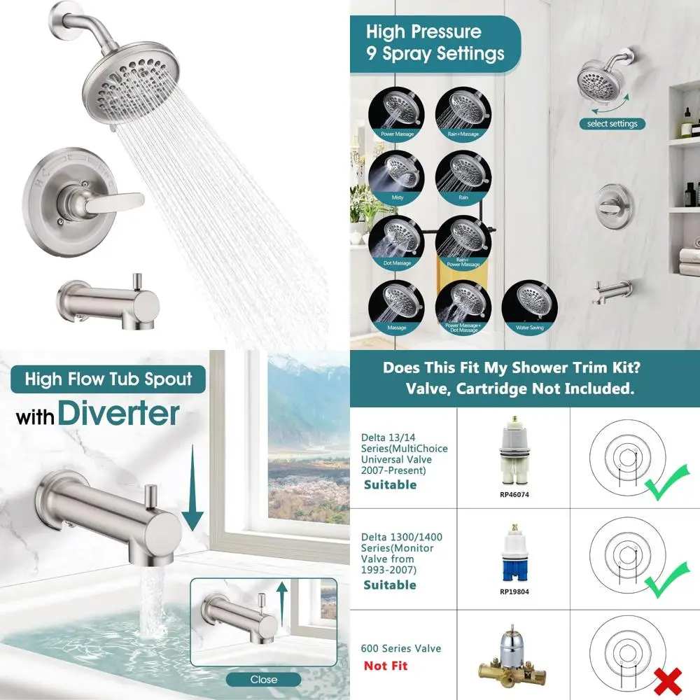 

High-Pressure 9-Setting Rain Shower Head, Replacement Shower Trim Kit for 1300/1400 Series Tub Shower Faucet Set