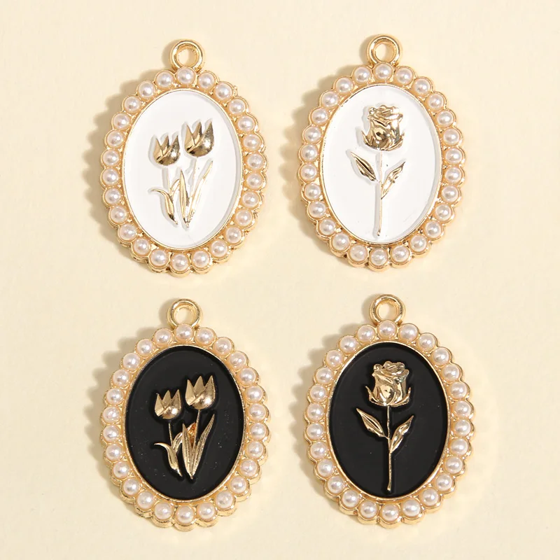 5pcs Gold Color 28x20mm Beautiful Enamel Rose Flower Charms Pearl Pendant For DIY Handmade Necklaces Jewelry Making Accessories