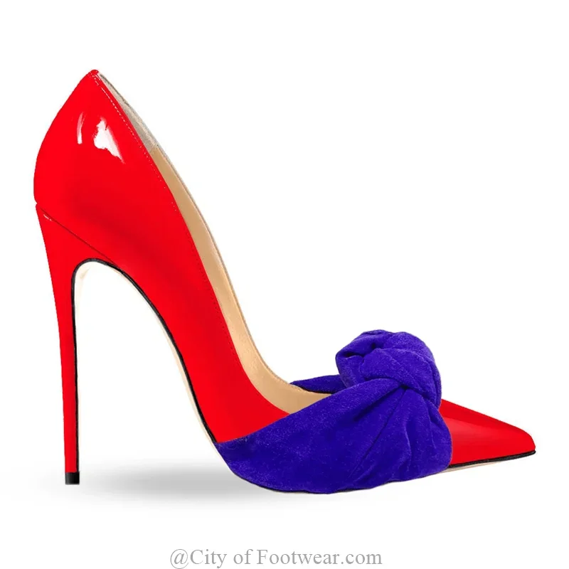 Escarpins en cuir verni et daim avec nœud pour femmes, chaussures à bout pointu, talons hauts fins, robe de soirée et de bureau, élégantes, grande taille, 2025