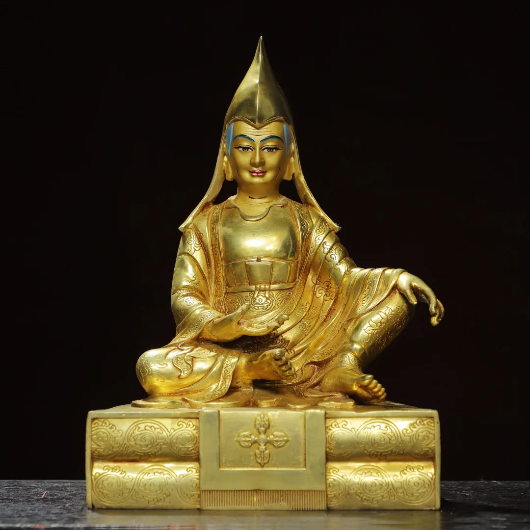 Home worship of religious bronze gilded painted Buddha statue Tsongkhapa Height 33cm, width 15cm, thickness 11cm, weight 1.7kg