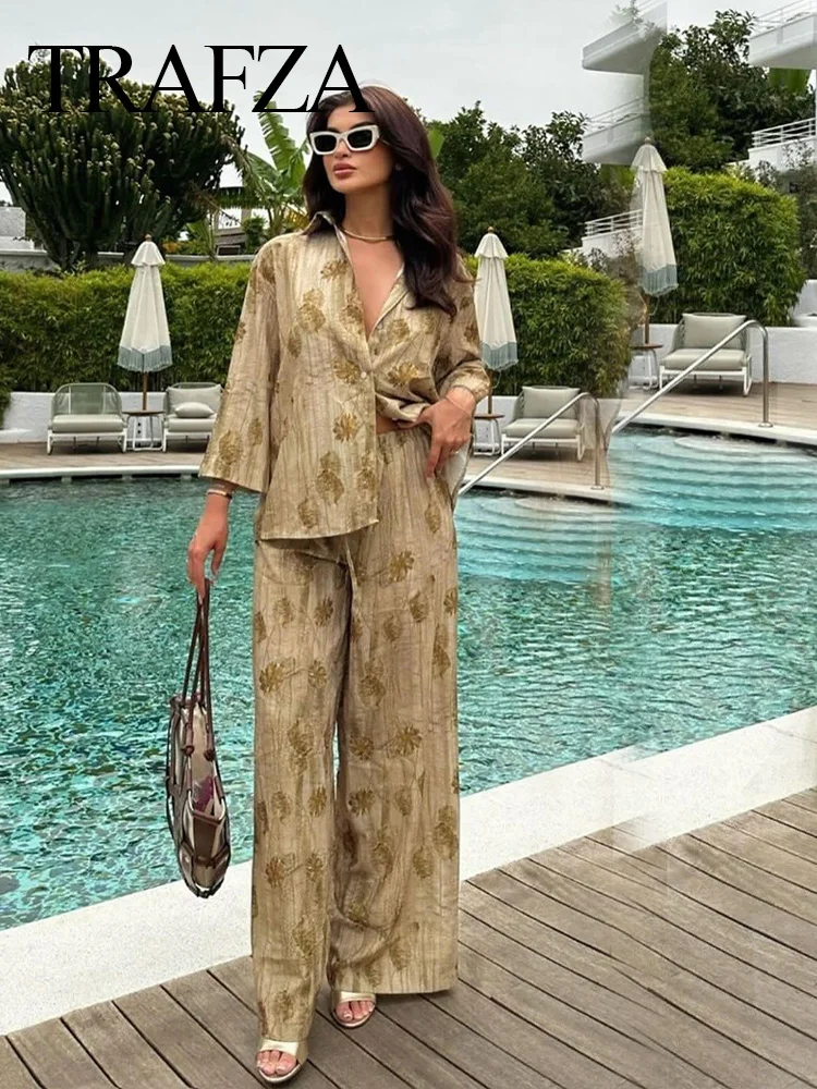 TRAFZA 2024 Woman Print Pants Suit Champagne Long Sleeves Shirts Chic Tops+ High Waist Drawstring Wide Leg Pants Set Summer