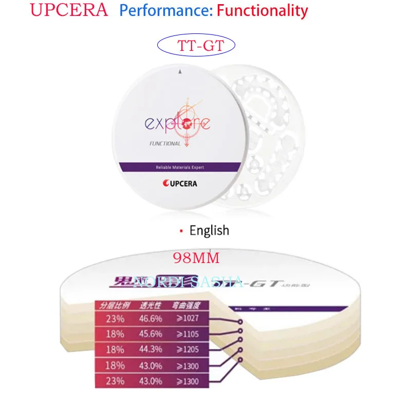 

1Pcs Upcera TT-GT Explore TT-ML Esthetic Dental Zirconia Blocks CAD CAM 98mm System 4D Multilayer Ceramic Blocks Zirconia Blank