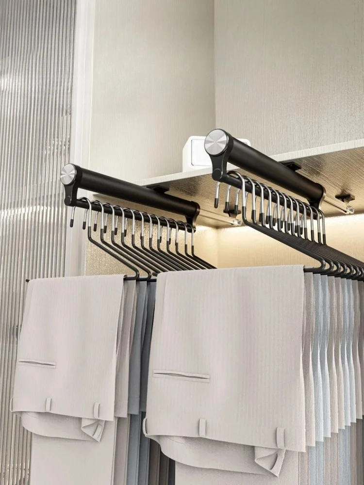 Pull Out Rod Wardrobe Aluminum Alloy Clothes Hanger Top-mounted Damping Slide Rail Valet Rod Pull-out Rack Retractable Closet