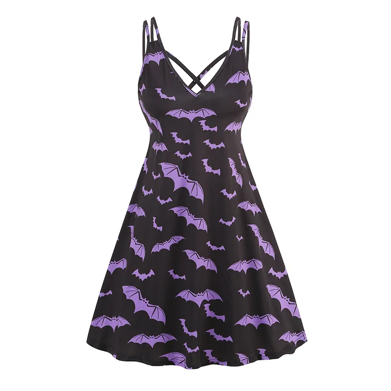 2024 New Retro Bat Print Halloween Dress Party Night Women Criss Cross V-Neck Spaghetti Strap Fit and Flare Vintage Sexy Dresses