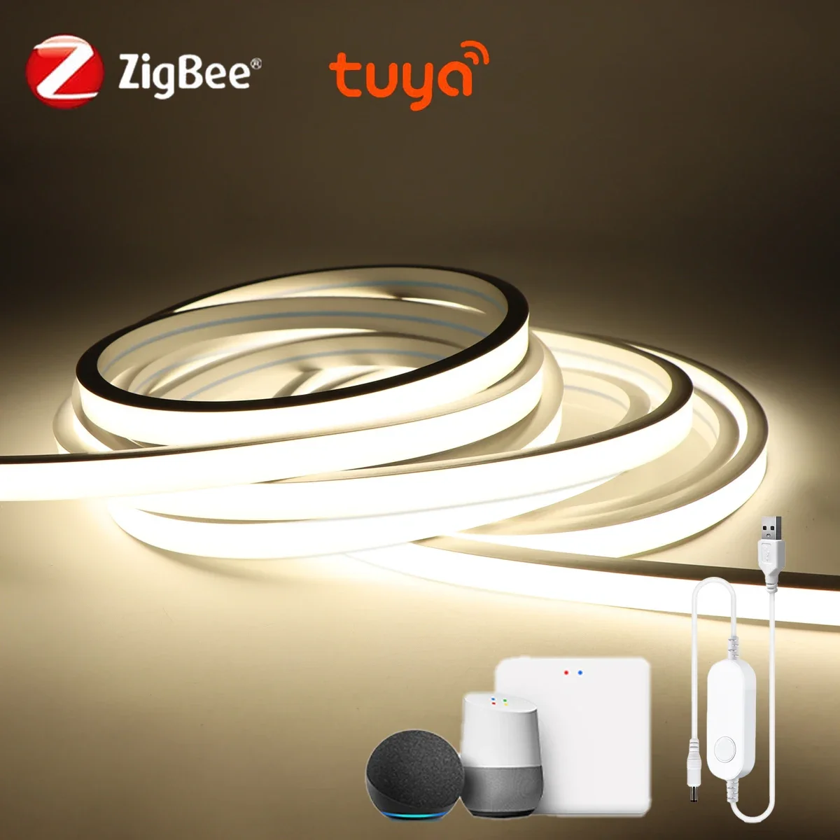 320LEDs/M High Lumen COB Neon Strip Light Zigbee Smart Wireless WiFi APP Voice Control 5V USB Work With Zigbee Gateway TUYA