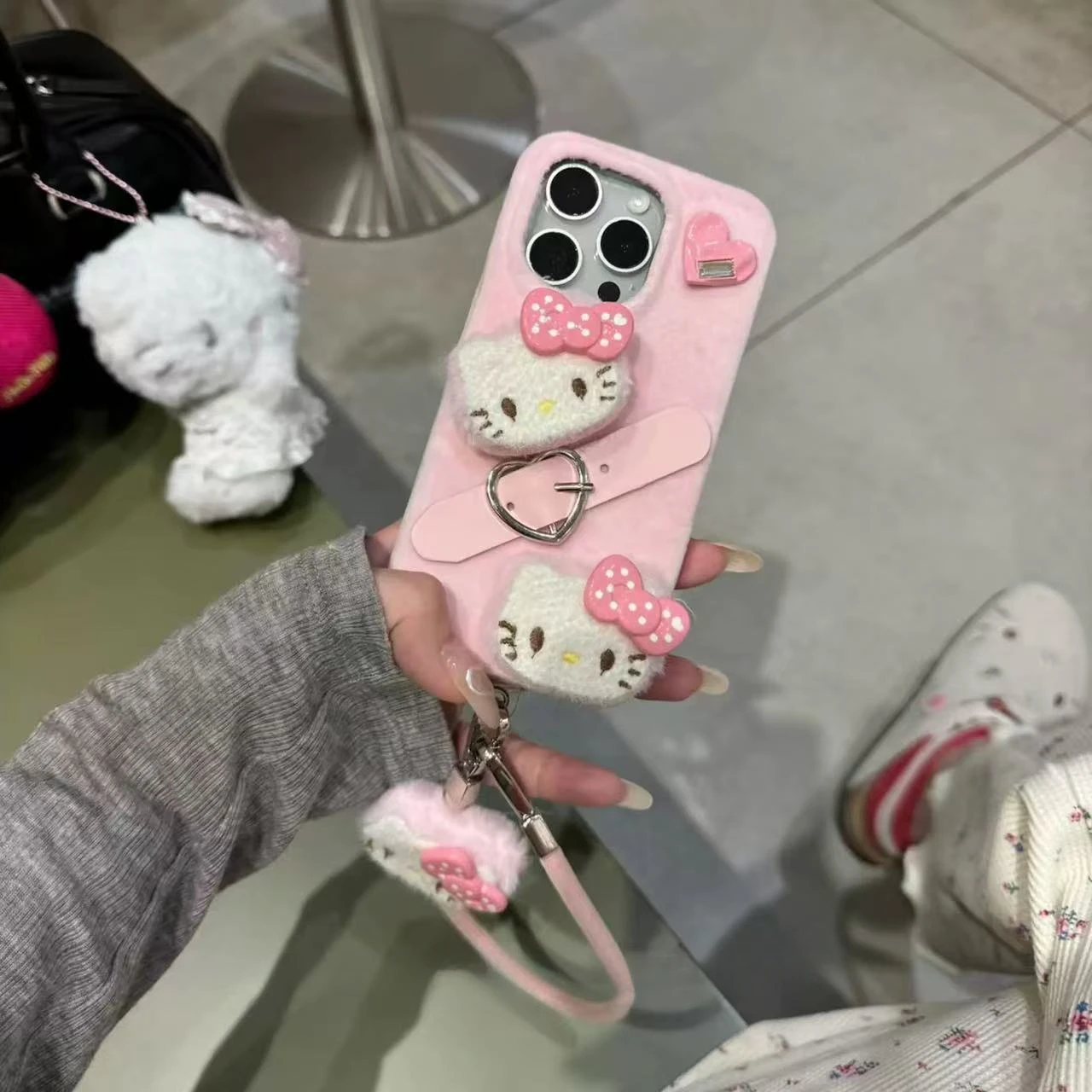 Autumn and Winter Plush 3D Doll Bow Hello Kitty Sanrio Phone Soft Case for IPhone 13 14 15 16 Pro Max Case Shockproof IMD Cover