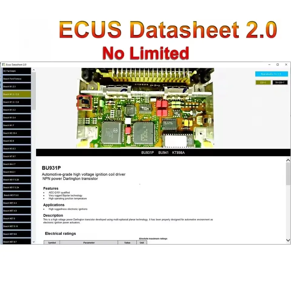 

Ecus Datasheet 2.0 Software de reparación de ECU Esquemas de PCB con componentes electrónicos de ECU de automóviles e informació