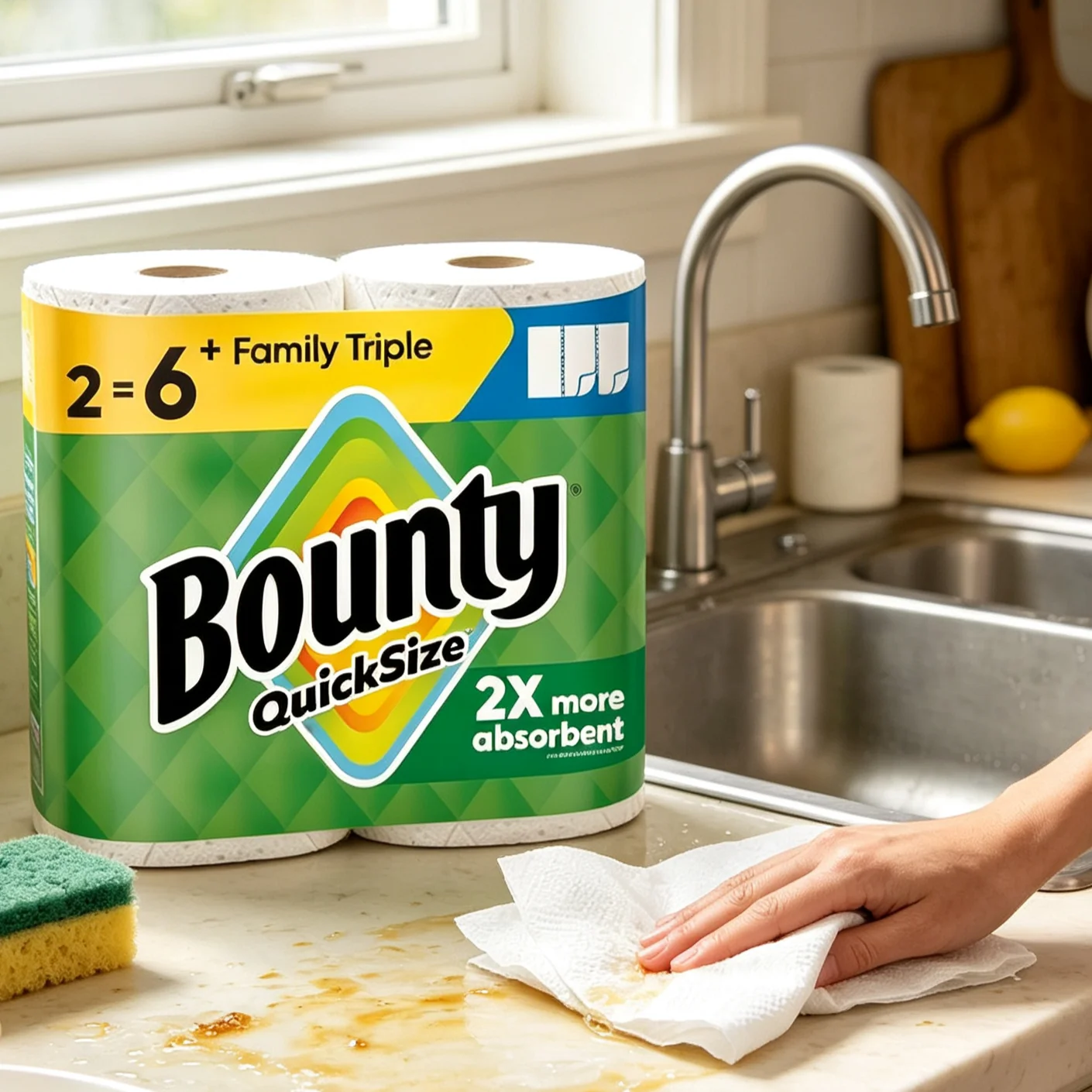Paper Towels Quick Size, White, 2 Family Triple Rolls = 6+ Regular Rolls