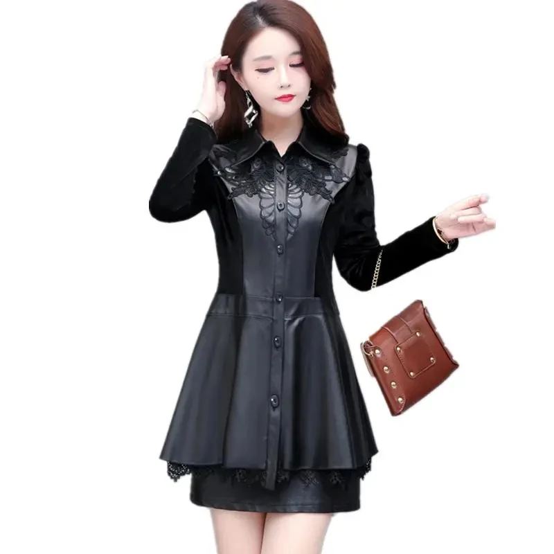 Women Fashion PU Leather Jacket Spring Autumn Gold Velvet Patchwork Long Sleeve Faux Leather Windbreaker Coat Slim Outwear 6XL