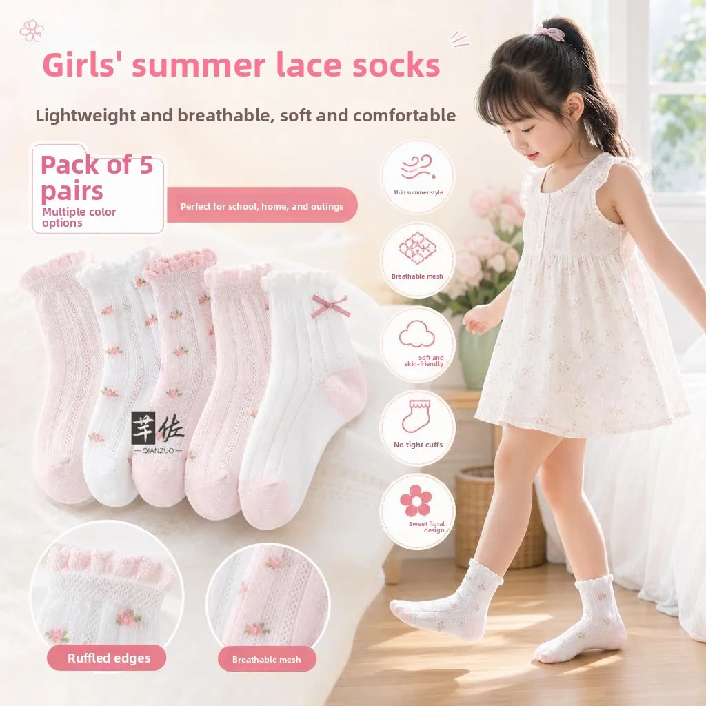 Kids Mid-Calf Bubble Socks Breathable Thin Summer Anti-Odor Girl's Lace Trim Socks for Small Shoes Casual Eyelet Design Short...