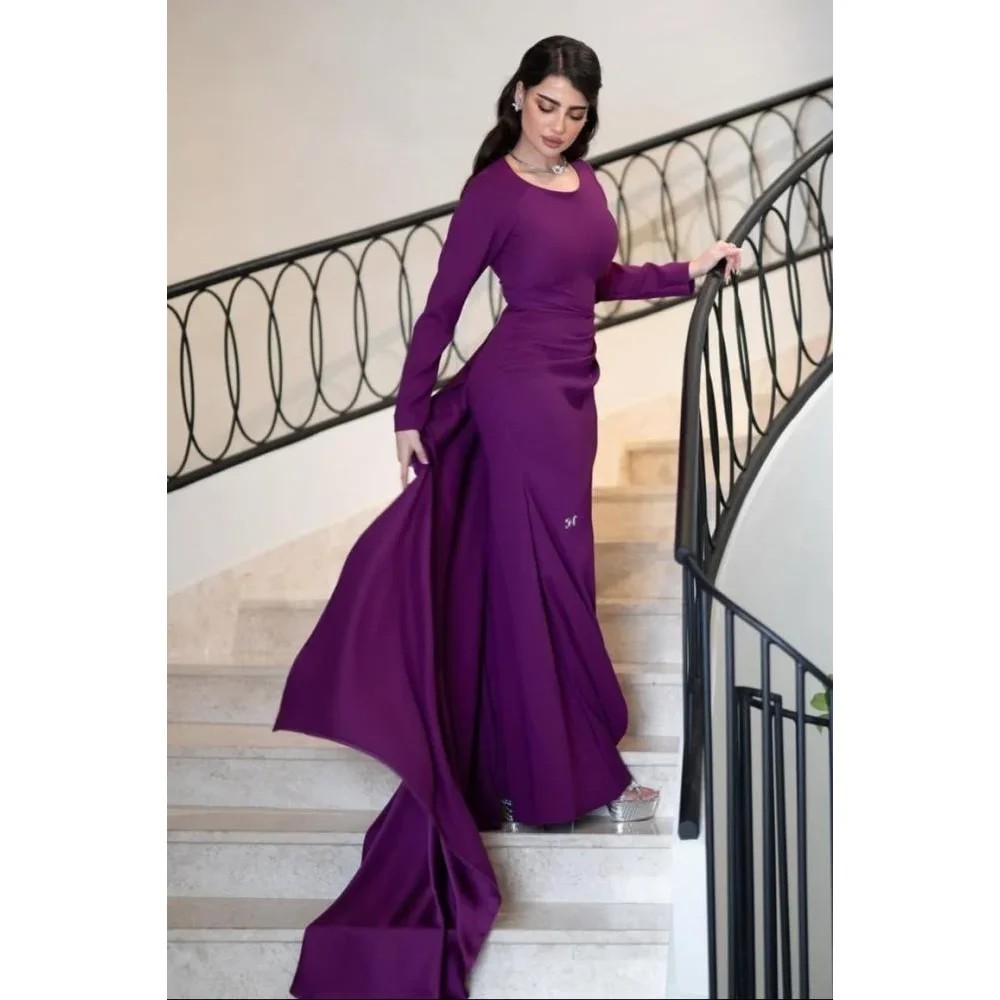 

Customized Long Sleeves Womne prom Dresses Scoop Neck Pleats Straight Party Dresses Saudi Arabia Special Occasion Evening Gown