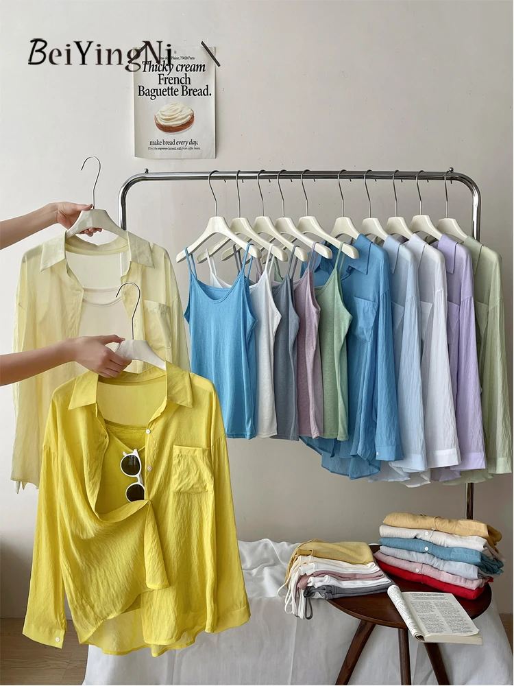 

Beiyingni 2025 Summer Women's Shirts + Tank Tops Casual Loose Korean Chic Sunscreen Shirt Lazy Harajuku Buutons Pocket Blusas