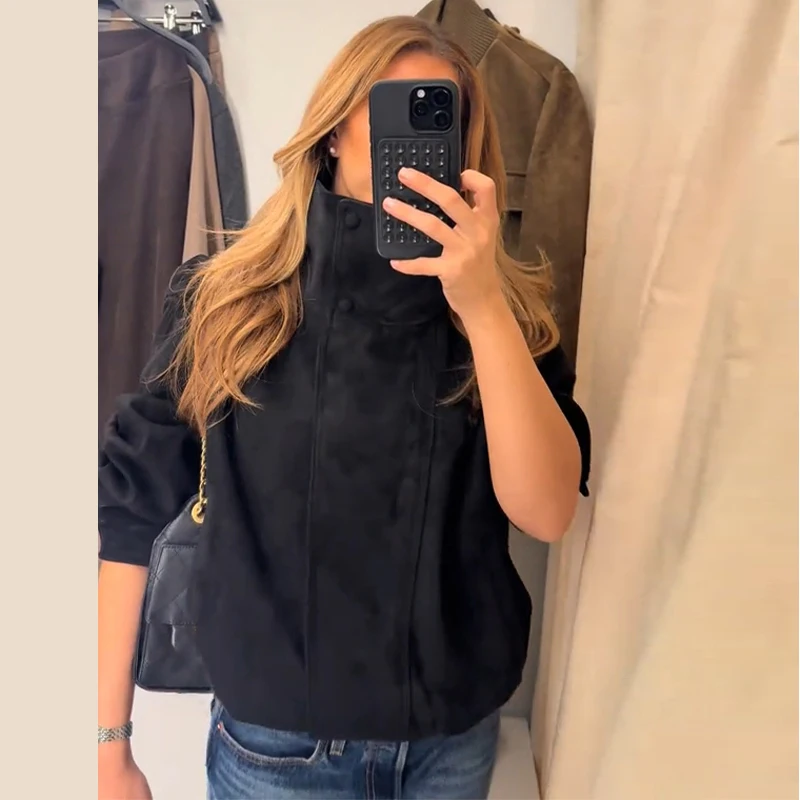 Oversize-Mäntel für Damen, Stehkragen, seitliche Knopfleiste, lange Ärmel, Jacken mit Reißverschluss, Herbst, Damen, geraffte, einfarbige, lockere Jacke, neue Oberbekleidung – Detail 8