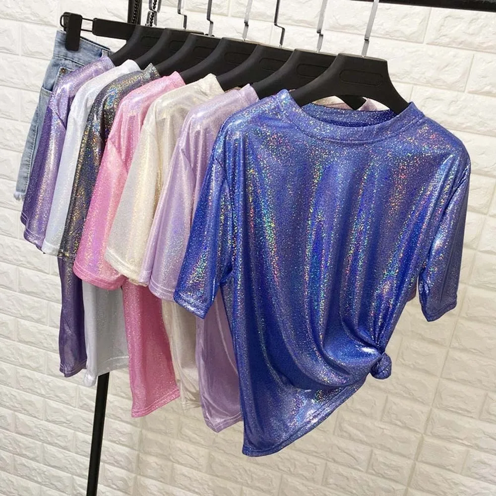 

Spicy Girl Style Vintage Fashion Silk Top Sequins Purple Ladies Shiny Loose T-shirt Aesthetic Pink Harajuku Short Sleeved Party