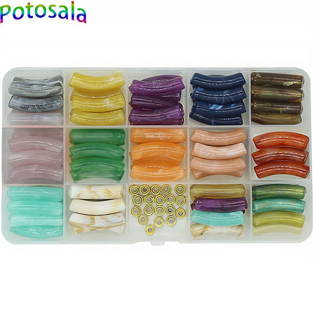 Potosala 1Box Acrylic Beads Tube Beads Loose Spacer Curved Noodle Slide Beads For Stretch Bracelet Jewelry Making Craft Supplies