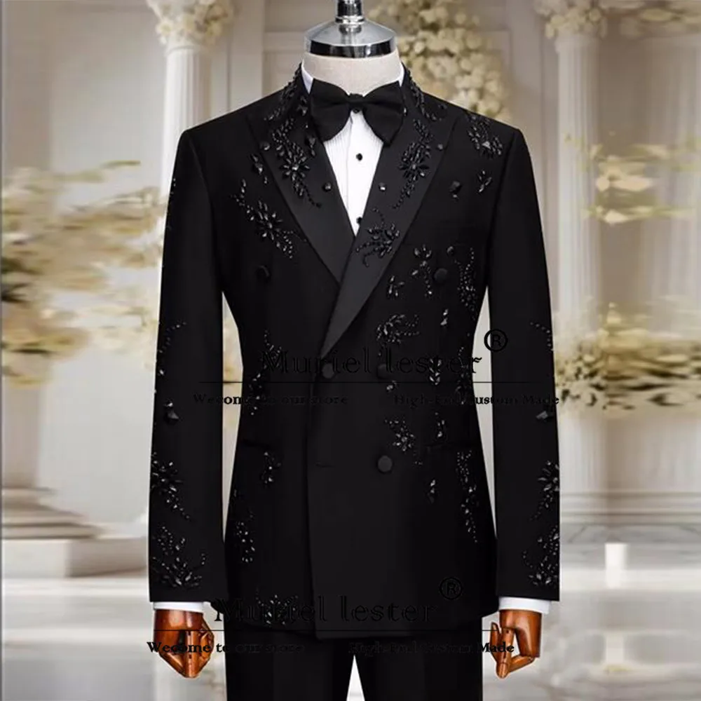 

Luxury Beaded Suit Men Slim Fit Double Breasted Prom Blazer Customized 2-Piece Groom Wedding Tuxedo Terno Masculinos Completo