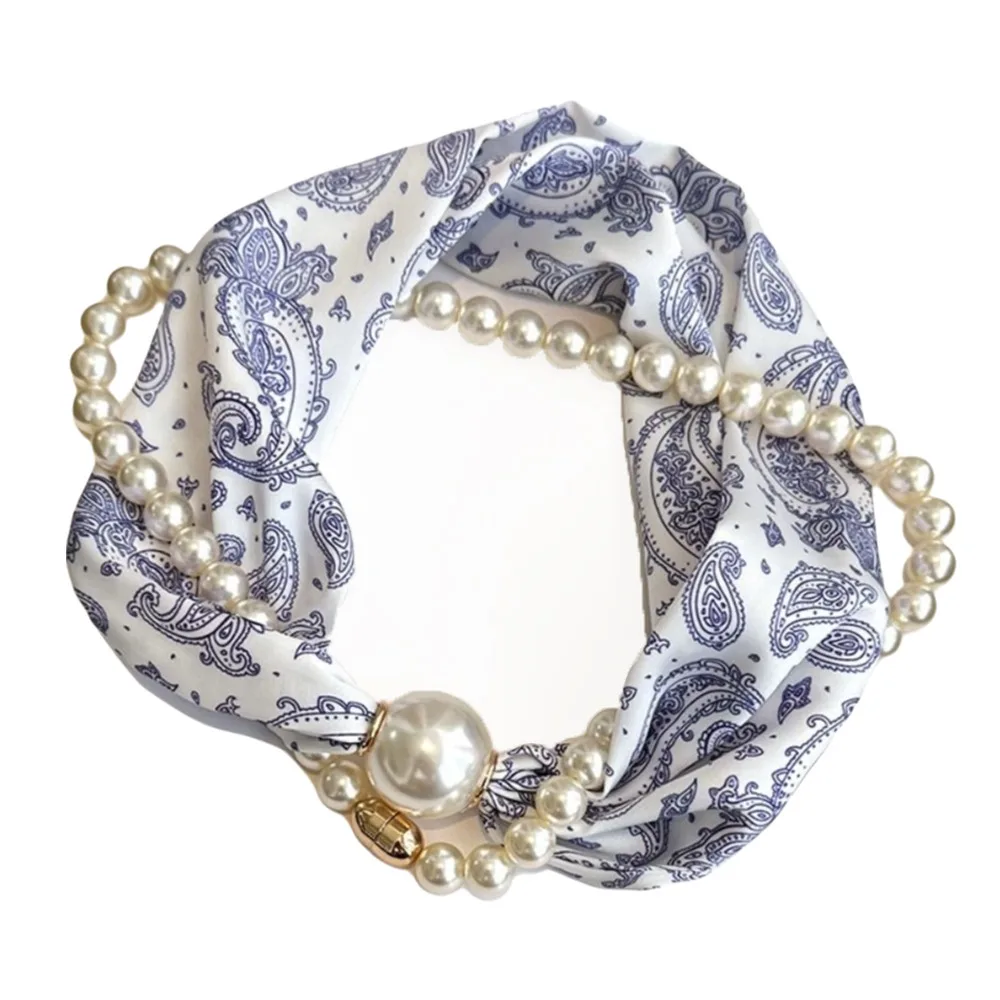 Silk Material Magnetic Pearl Scarf Small Pearl Long Style Neck Warmer Magnetic Buckle Magnetic Buckle Scarf Neck Protection