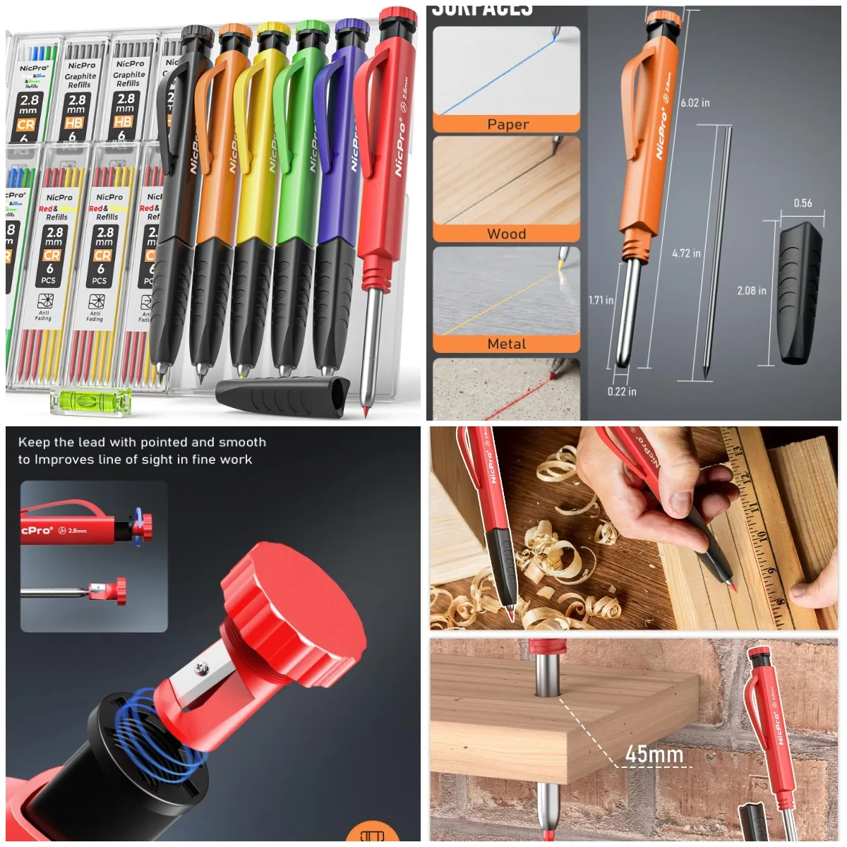 

6 Pack 3-in-1 Carpenter Pencils with Grip, 54 Refills & Mini Level