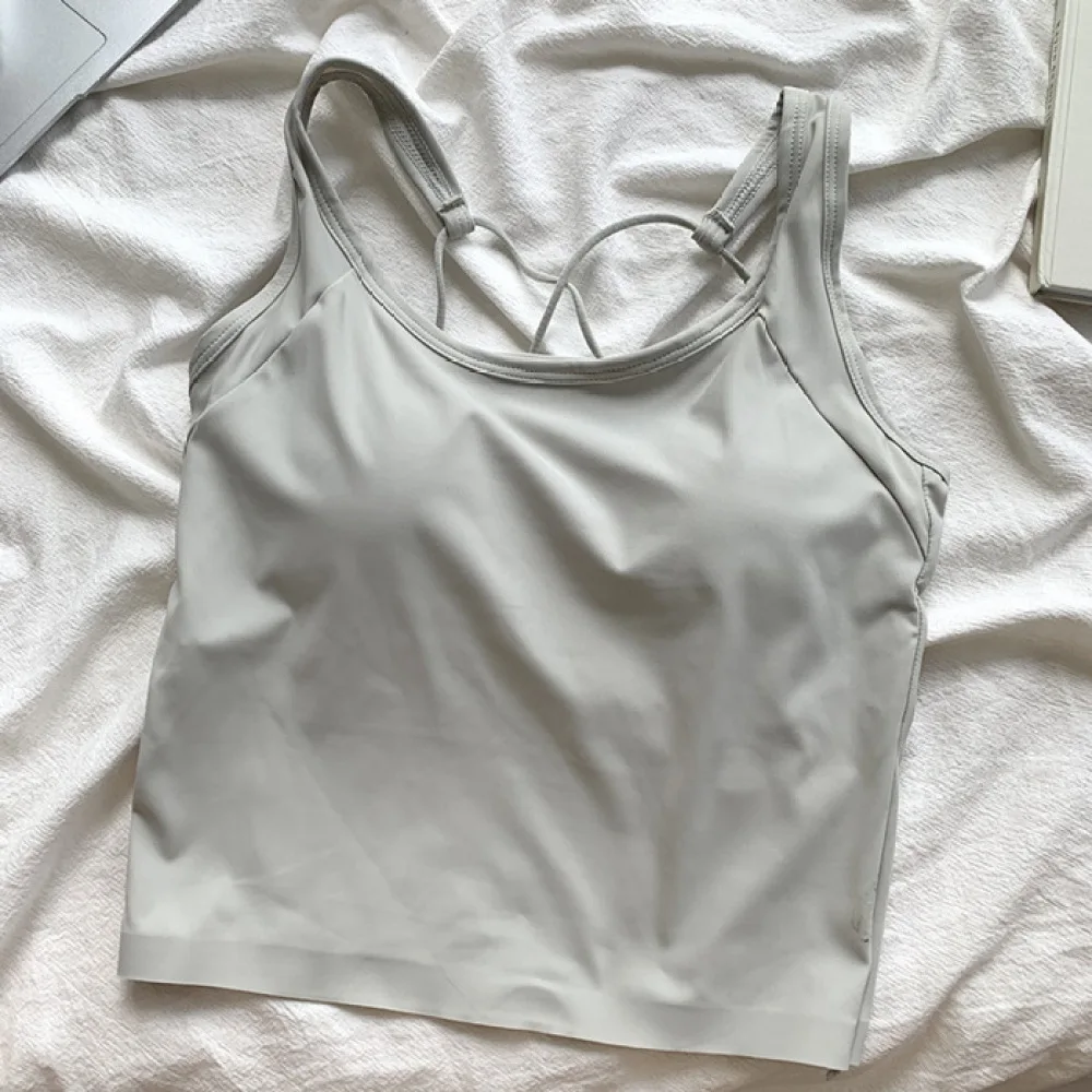 Summer Ice Silk Tank Top Women Built In Chest Pad Sleeveless Vest Wide Strap Camisole Cross Back Breathable Shirt