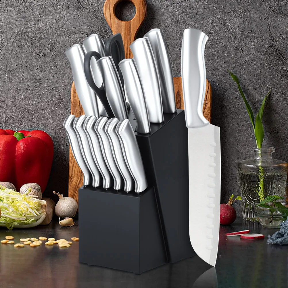 MDHAND Deutsches ultrascharfes Kochmesser aus Edelstahl mit Hackmesser, Brot, Santoku-Küchenmesser, Massivholzblock, Schere, Schärfer