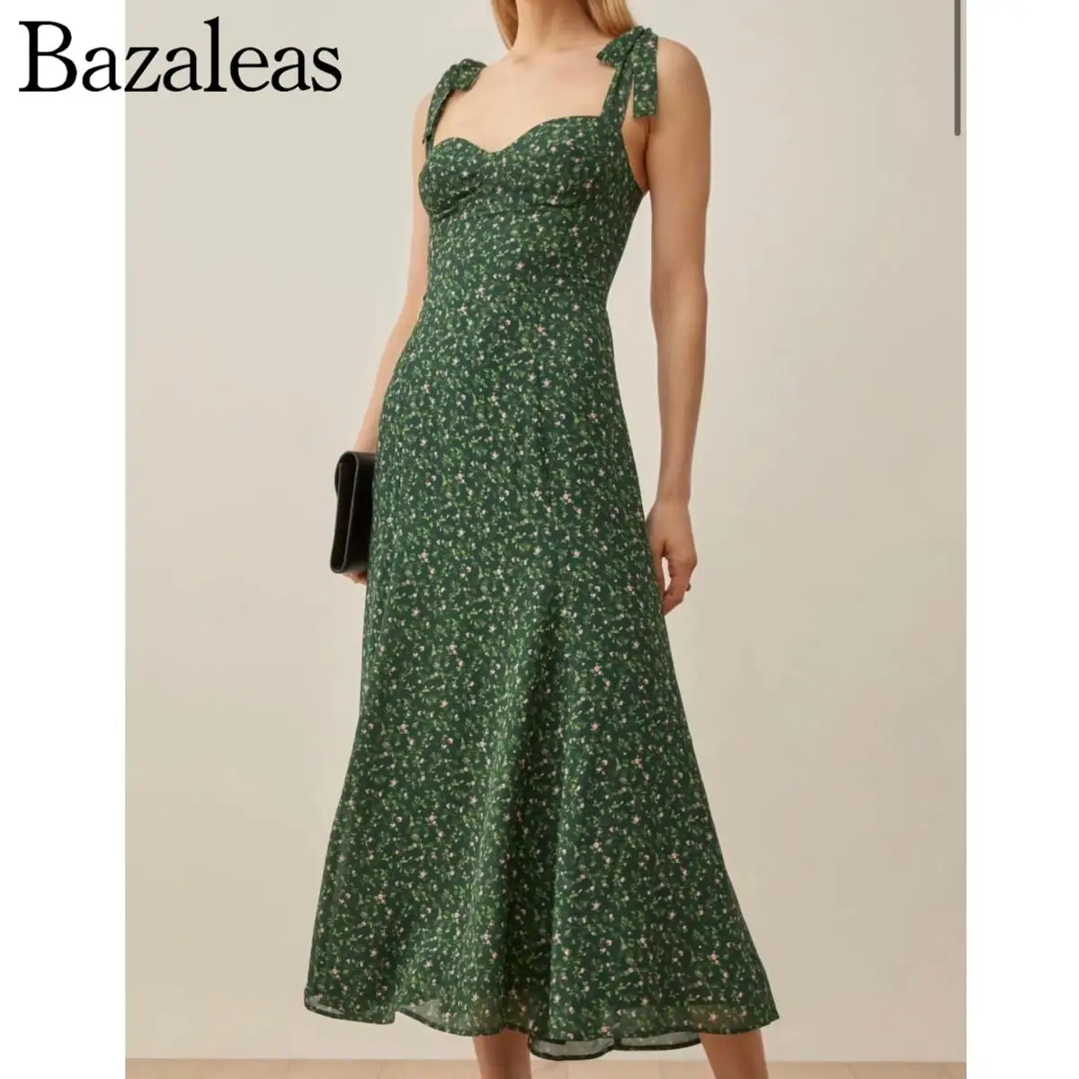 2024 Summer Green Random Flora Print Dressless Party Midi Dresses