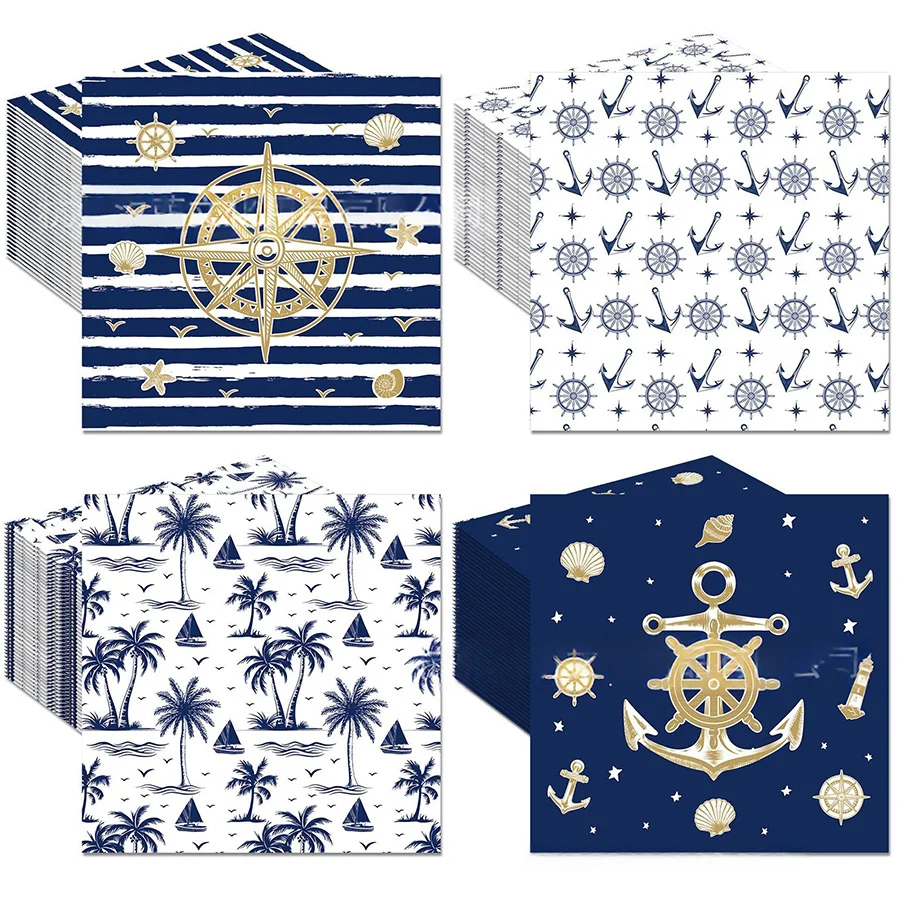 20Pcs Nautical Anchor Compass Palm Tree Paper Napkins Disposable Serviettes Coastal Beach Boys Party DIY Decoupage Table Tissue