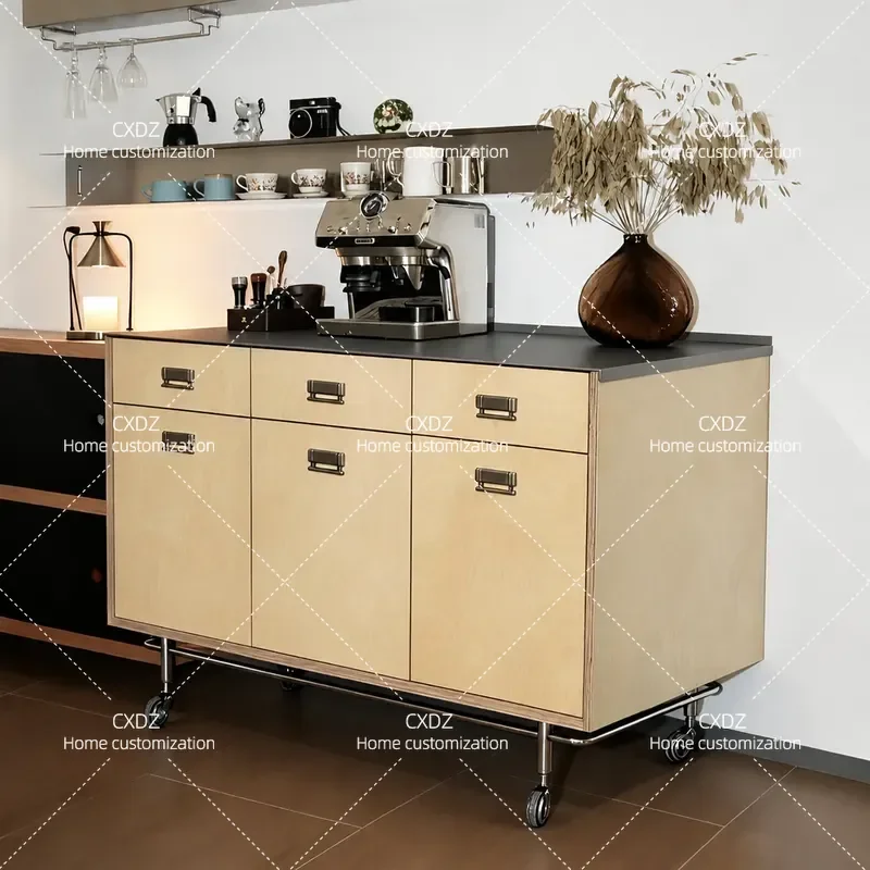 Stainless Steel Side Cabinet with Integrated Coffee Machine Storage Multi Functional Bar Locker for Home Kitchen Organization