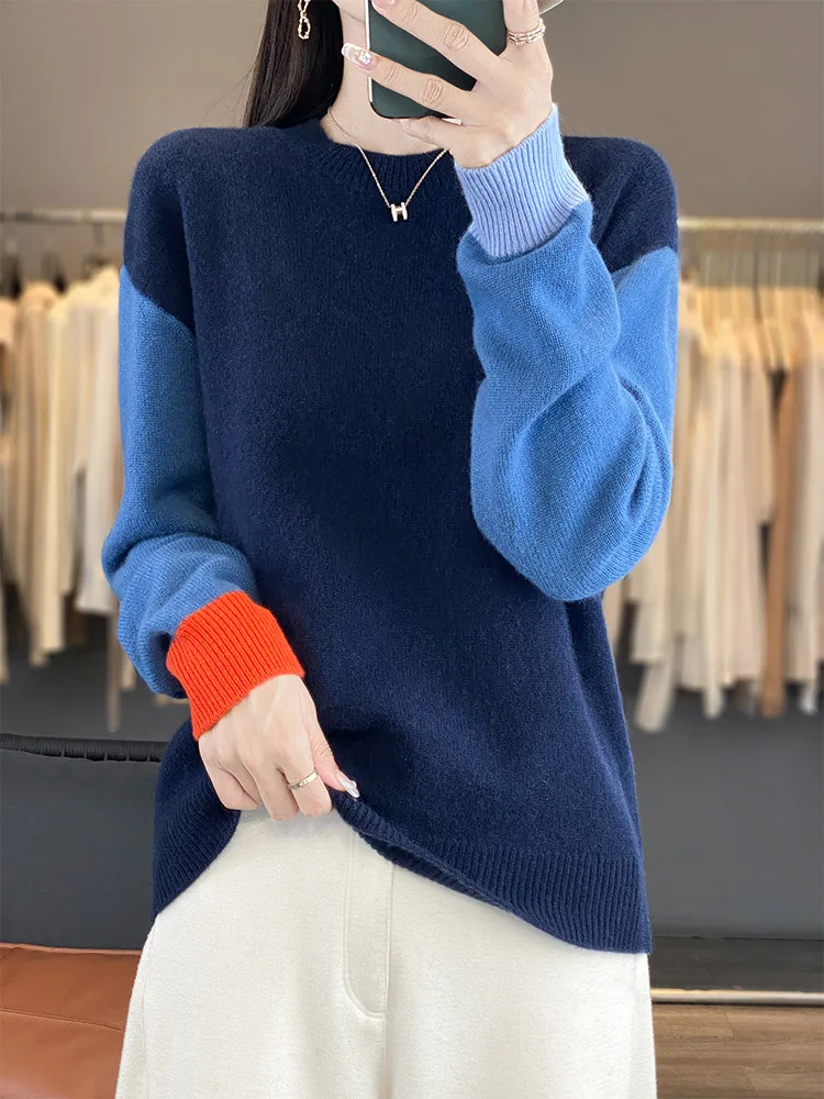 

Chic Autumn Winter Clothes Womens Sweater Pullover 100% Merino Wool Sweater Contrast Color Pullover Casual Loose Warm Knitwear