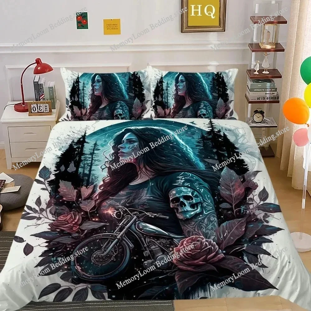 Skull and Beauty Duvet Cover Set Full Size Gothic Sugar Skull Angels and Demons Bedding Set with Pillowcase Twin Double Bed Sets