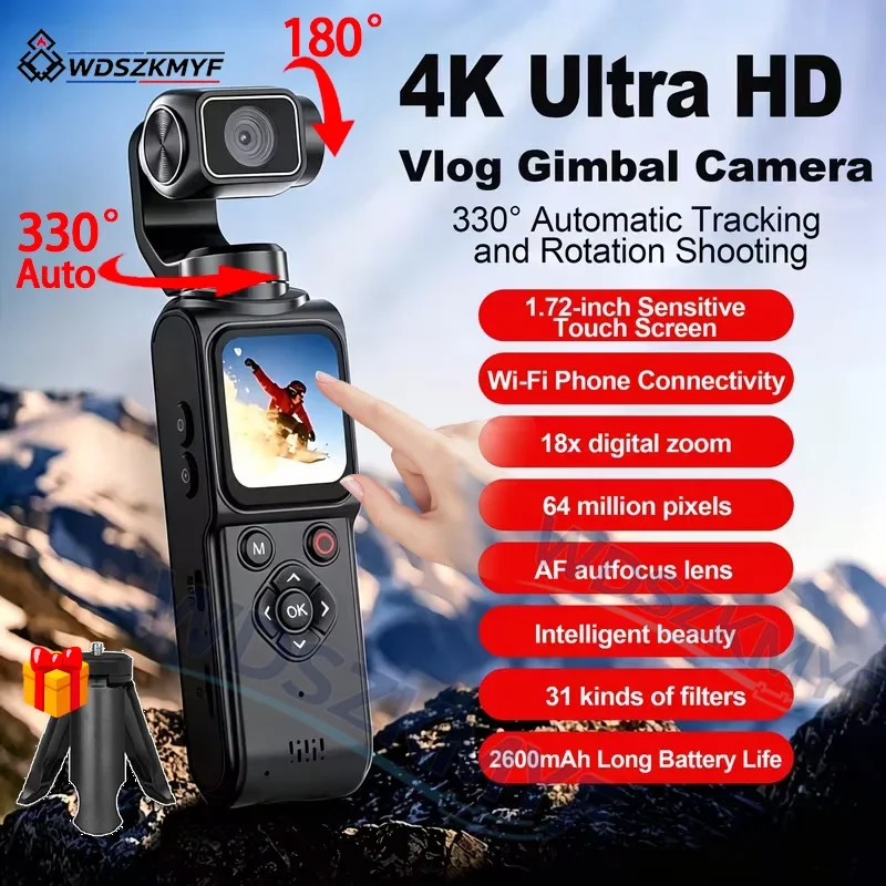 Upgraded 4K WiFi Action Camera With 330° Face Tracking Gimbal Stabilizer & Touch Screen 4K 30fps 75MP Photographic Camera