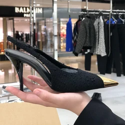 Metallic Pointed-toe Black High Heels 2024 Summer New Sexy Pumps with Stiletto Heels Back Tripper Toe Toe Sandals
