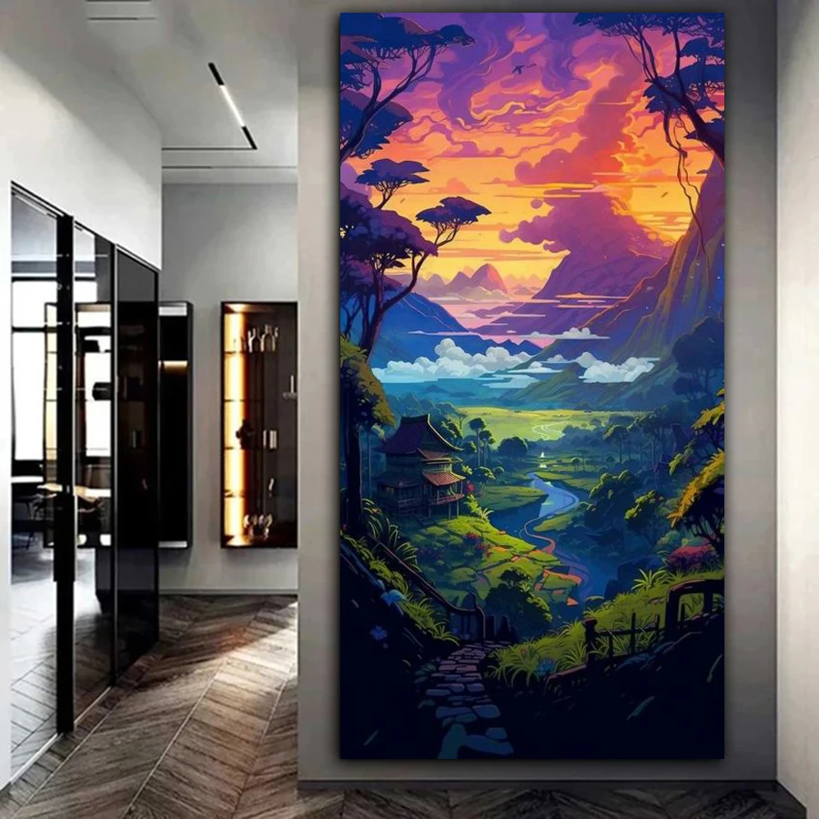 Fullcang Diy Large Size Diamond Painting New Valley View House Full Mosaic Embroidery Moon Mountain Lake landscape Picture