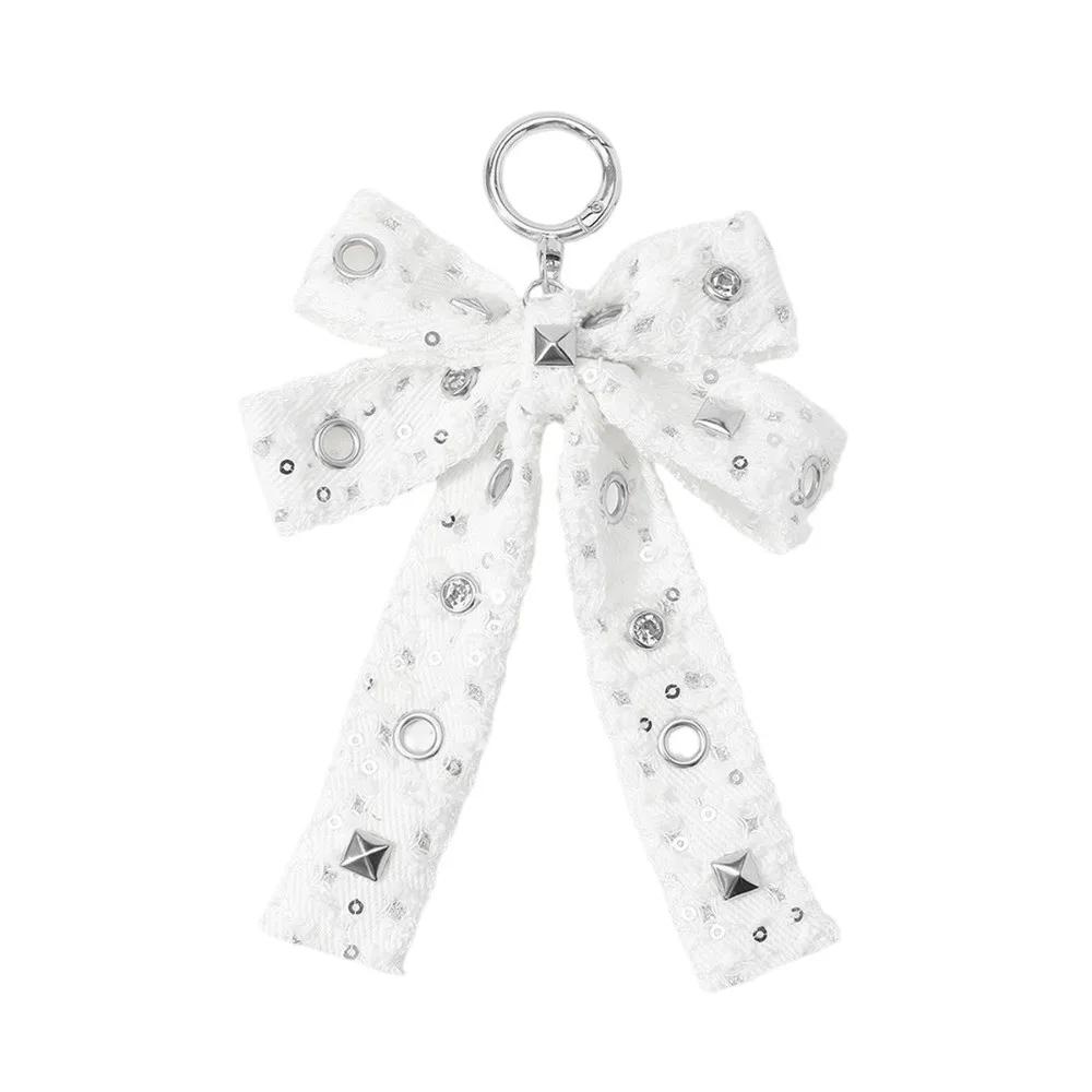 Fashion Star Rivet Bow Keychain Ribbon PU Leather Cross Pendant Gothic Leopard Print Y2K Keyring Backpack Decor