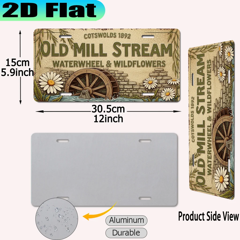 2D Flat, [2D Flat] 1pc, Cotswolds Old Mill Stream Waterwheel & Wildflowers Vintage Aluminum Sign (30.48 X 15.24cm), for Decorati
