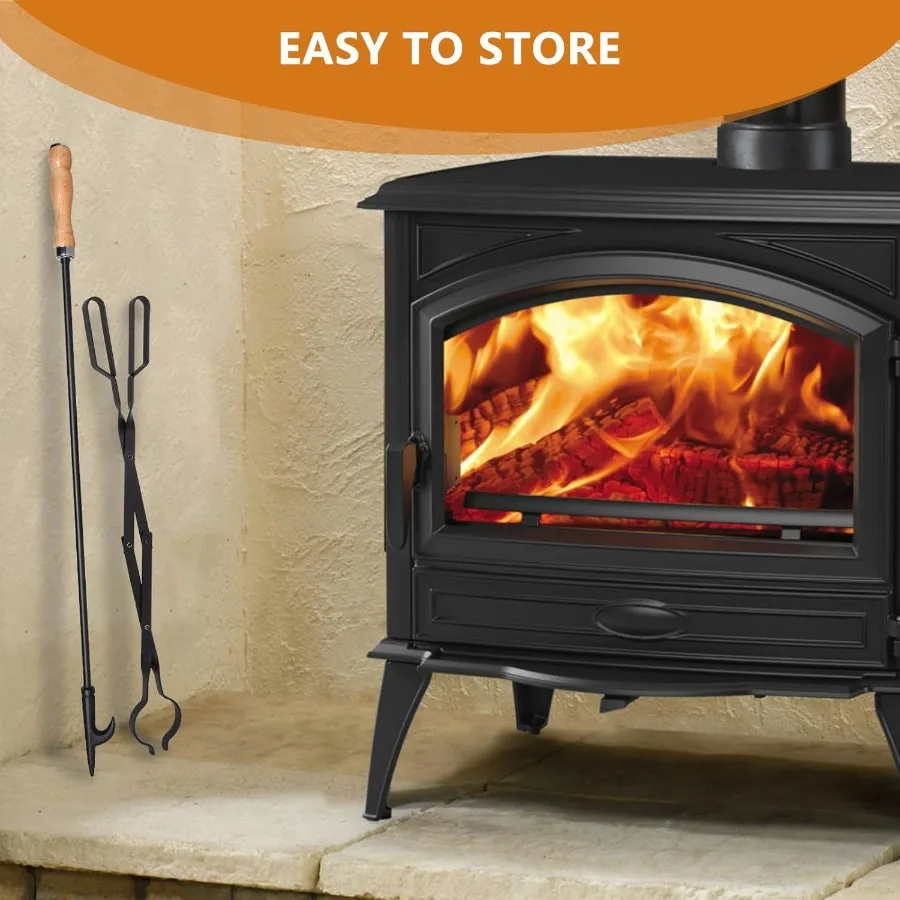 헤비 듀티 32인치 긴 벽난로 화로 캠프파이어 포커 스틱 및 26인치 벽난로 집게 도구 세트 녹 방지 블랙