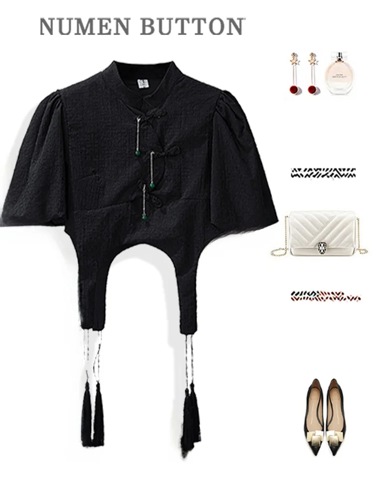 

Elegant Short Hanfu Shirt Women's Black Chinese Style Summer New Fashion Slim Fit Shirt Stylish Top for Small Stature