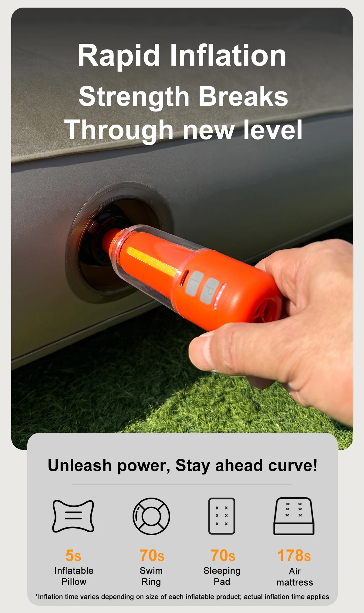 NEUE Tragbare Luftpumpe für Aufblasbare Gegenstände 430L/min Ultraschnelle Luftmatratzenpumpe, 2000 mAh Akku & Campinglampe, Elektrische Luftpumpe – Detail 5