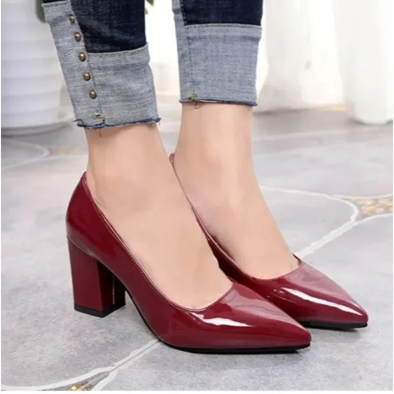 

New Women Pumps Black High Heels Lady Patent Leather Shallow Thick with Autumn Pointed Single Shoes Slip-On Female Shoes