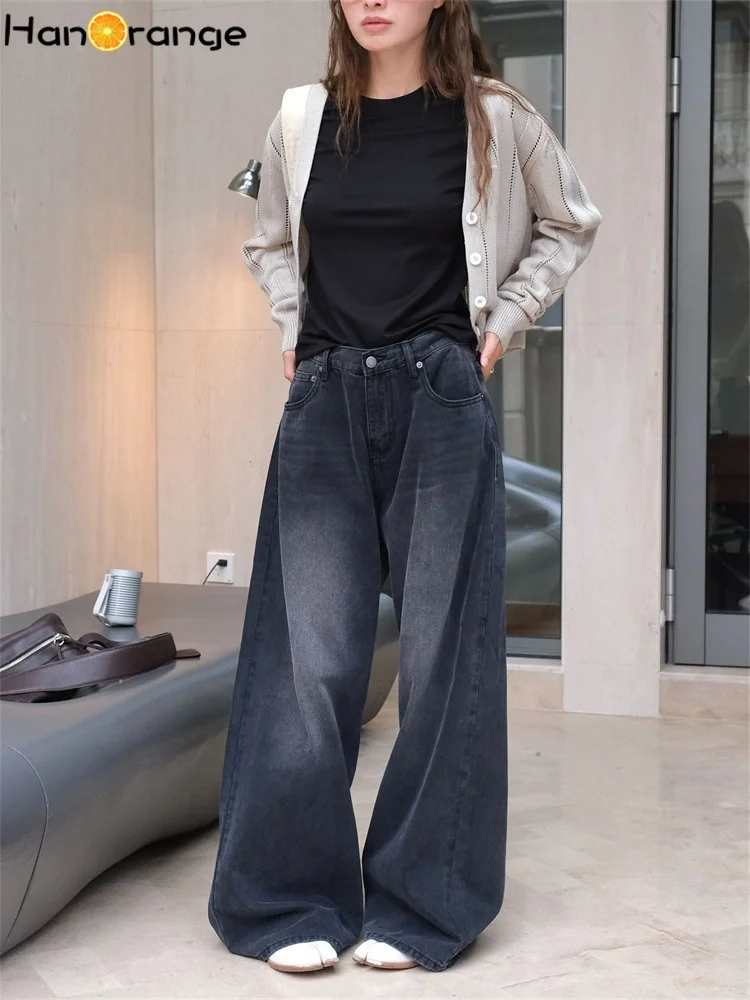 HanOrange 2024 Autumn Retro Washed Black Gray Wide Leg Jeans Women Loose Casual Cotton Denim Pants Black