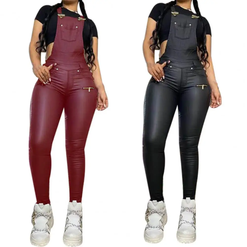 Jumpsuit kulit imitasi punggung terbuka, Jumpsuit wanita tali bahu punggung terbuka pinggang tinggi musim gugur musim dingin