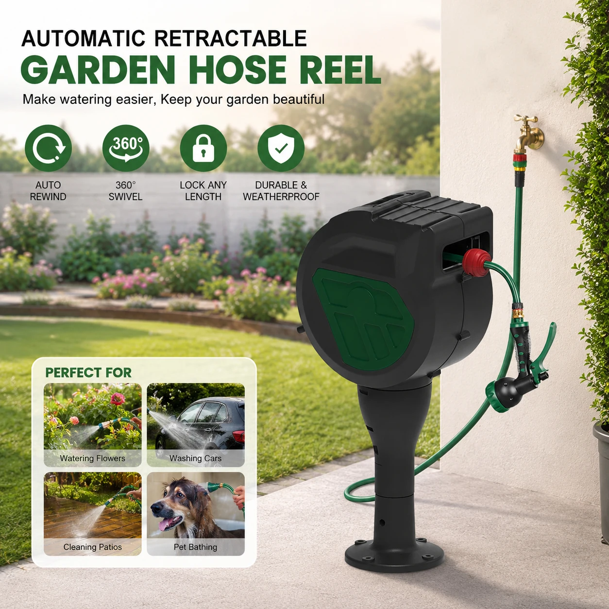 Custom Logo Retractable Garden Hose Reel Manufacturer 50cm Auto Rewind Wall Mounted Hose Reel OEM Supplier FOB Thailand